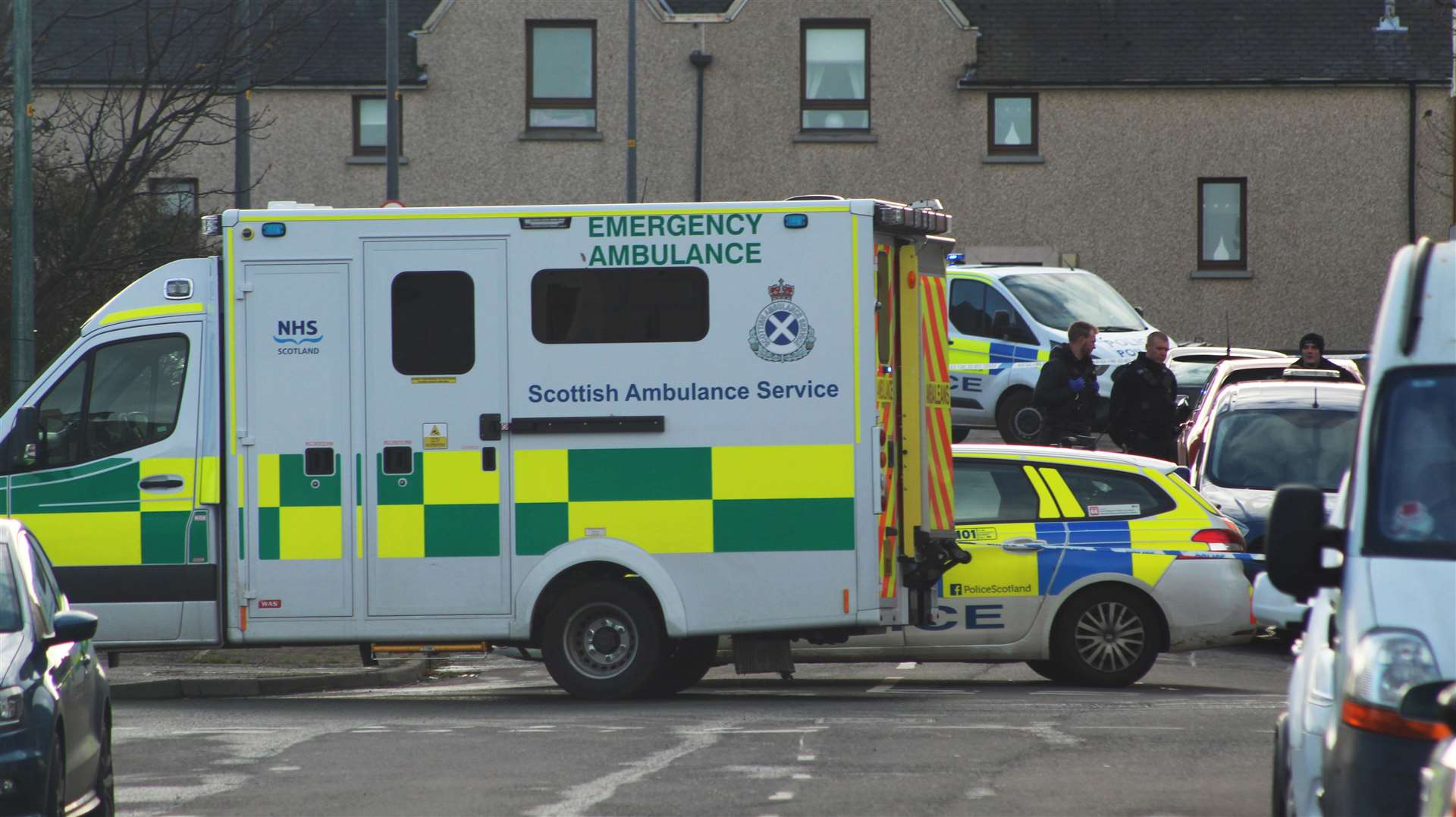 An ambulance at the junction of Murchison Street and Wellington Street in Wick early this afternoon.