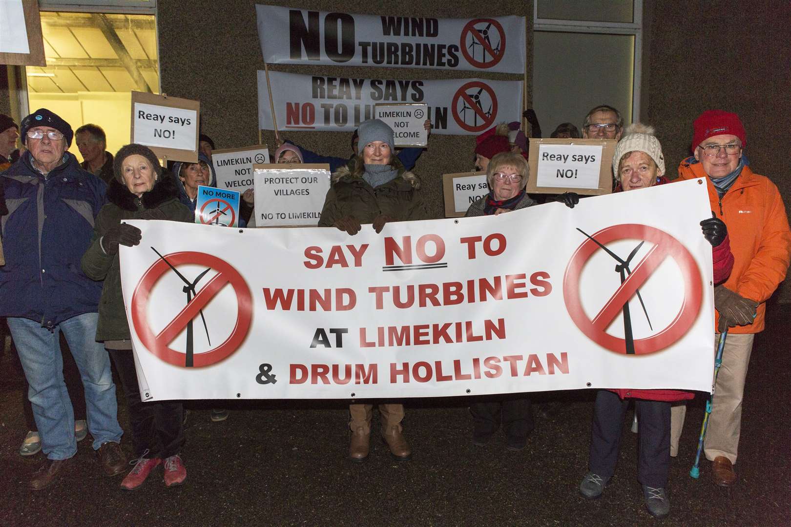 Protesters against the Limekiln and Drum Hollistan wind farms gathered outside the Victoria Hall, Reay, last year. Picture: Robert MacDonald / Northern Studios