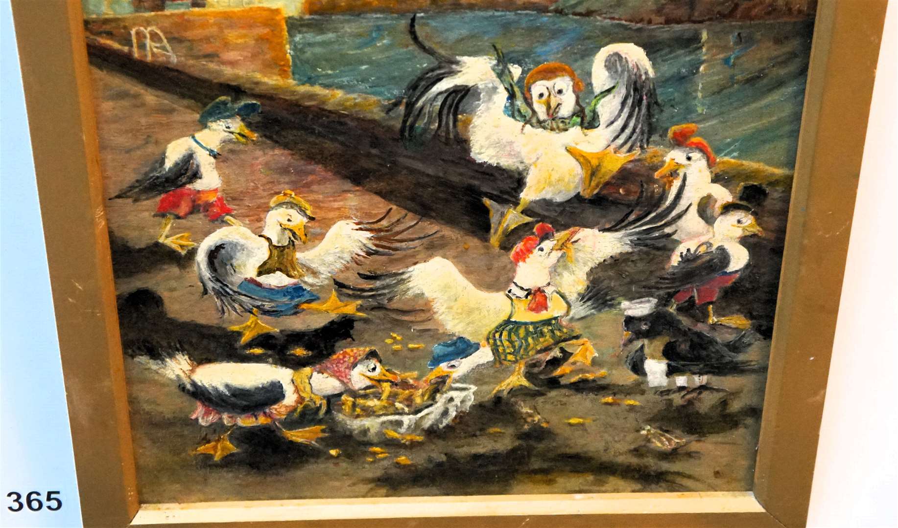 A humorous oil on canvas by James McIntosh called 'Eating out in Thurso' featuring seagulls partying with chips at the harbour. Picture: DGS
