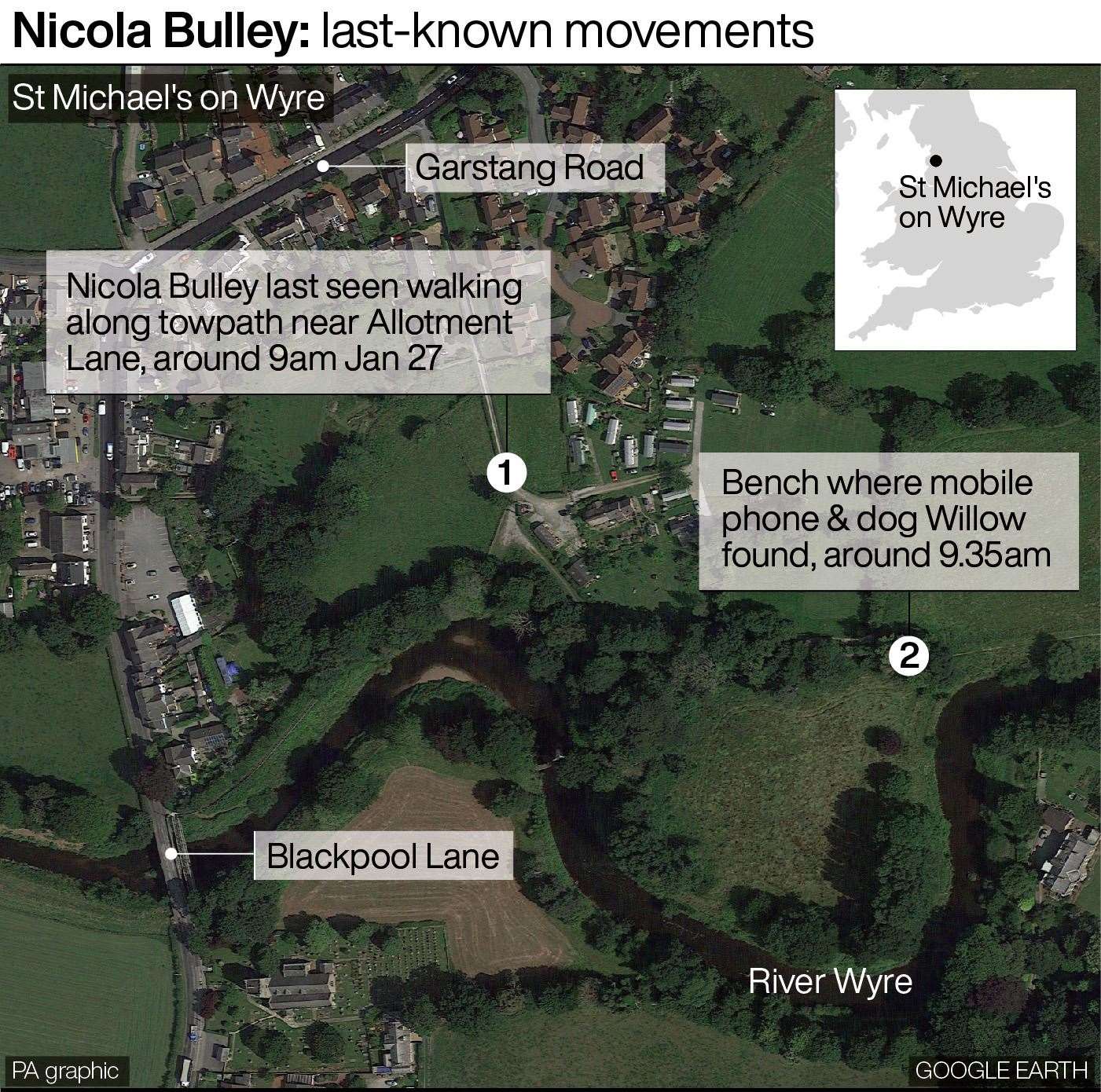 Nicola Bulley’s last-known movements (PA Graphics)
