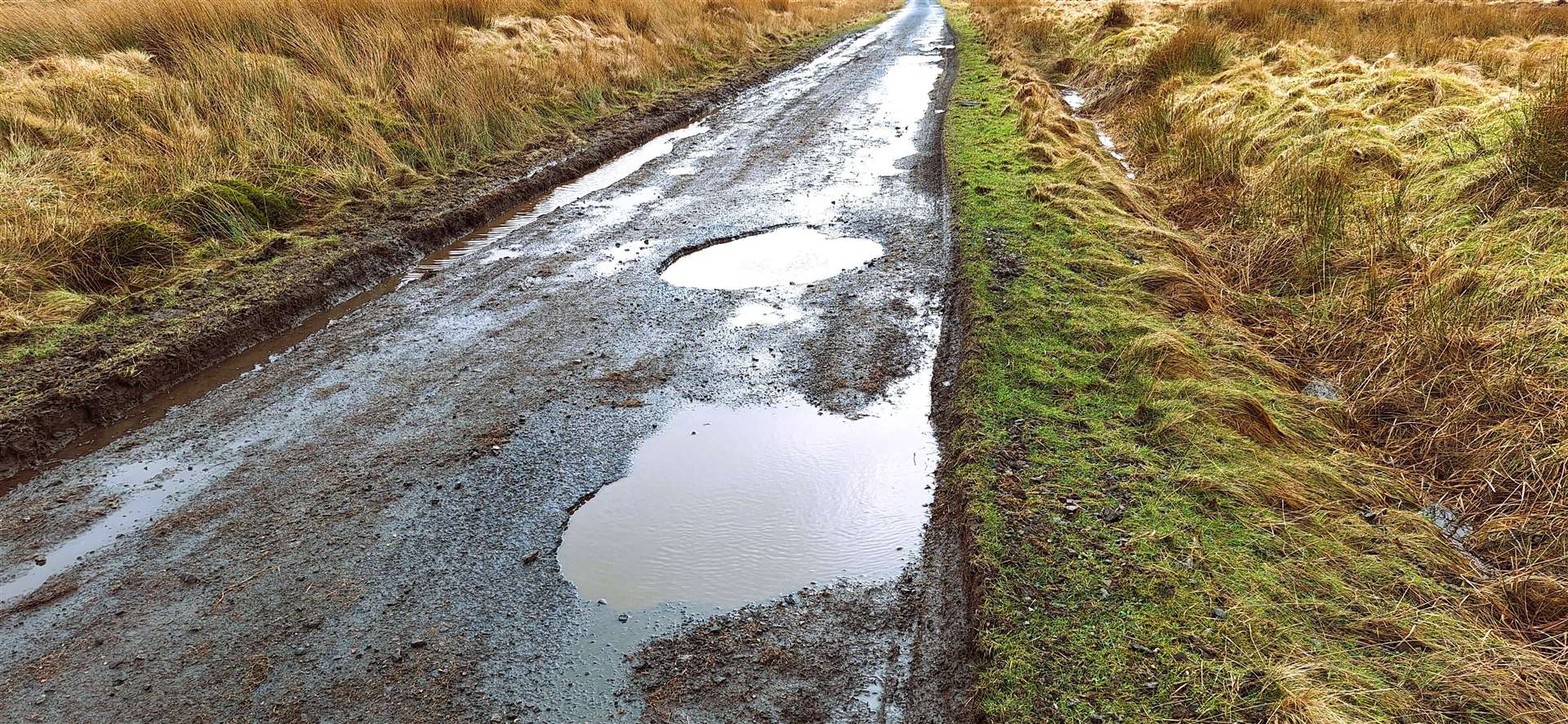 There appears to be only a small area of the road surface available to drive on at this area and little chance of avoiding the potholes without driving on the verge. Picture: DGS