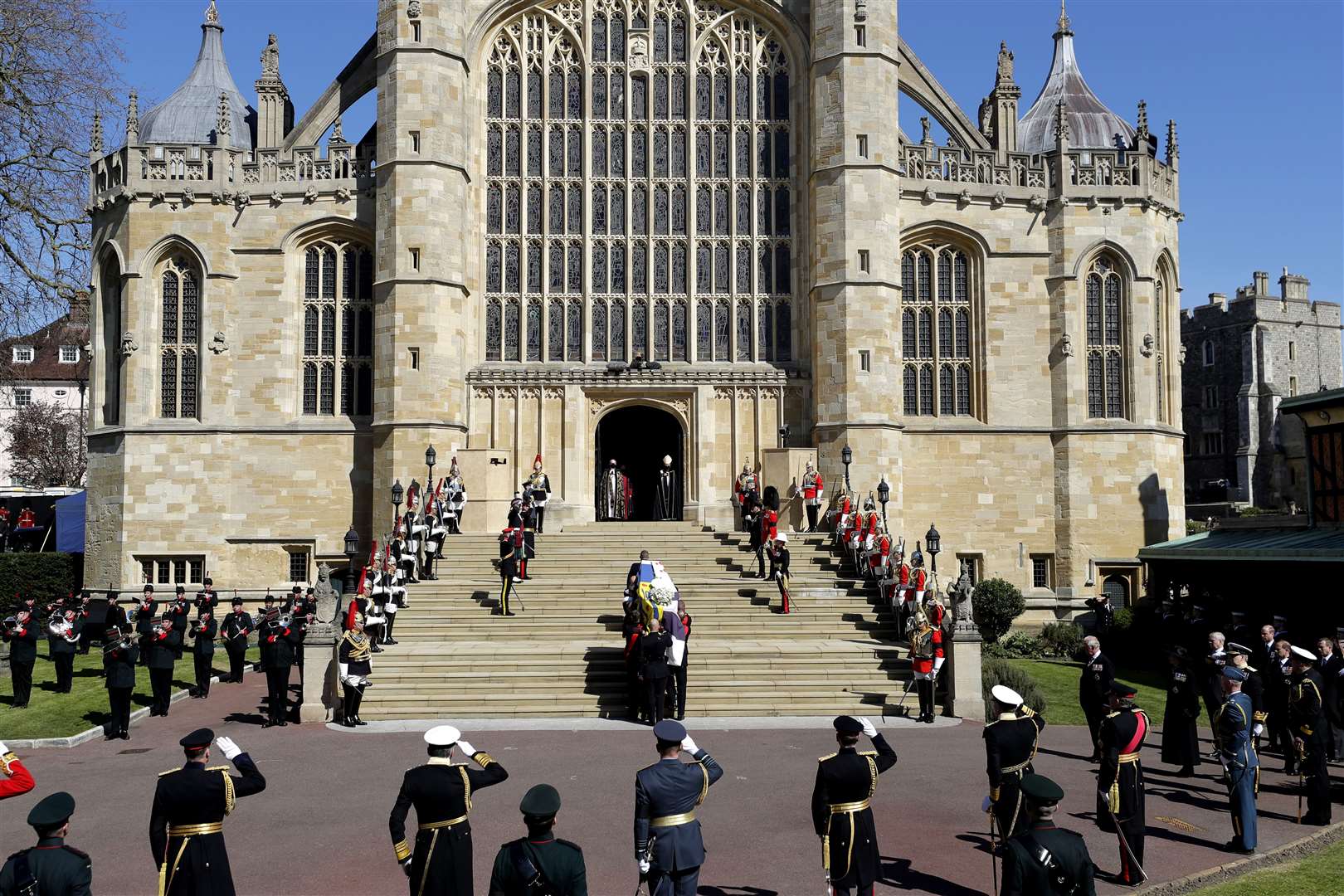 The Duke of Edinburgh’s coffin is carried into St George’s Chapel (Kirsty Wigglesworth/PA)