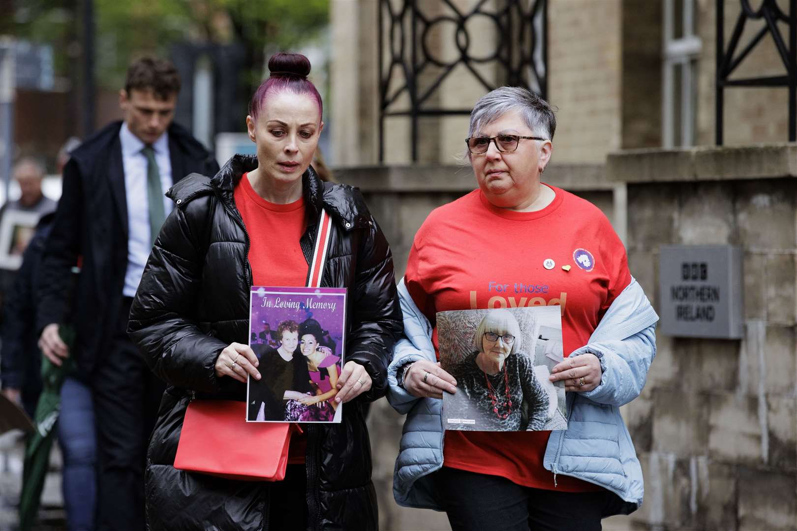 Martina Ferguson, left, and Brenda Doherty, right, from the Northern Ireland Covid-19 Bereaved Families for Justice group spoke outside the inquiry (Liam McBurney/PA)