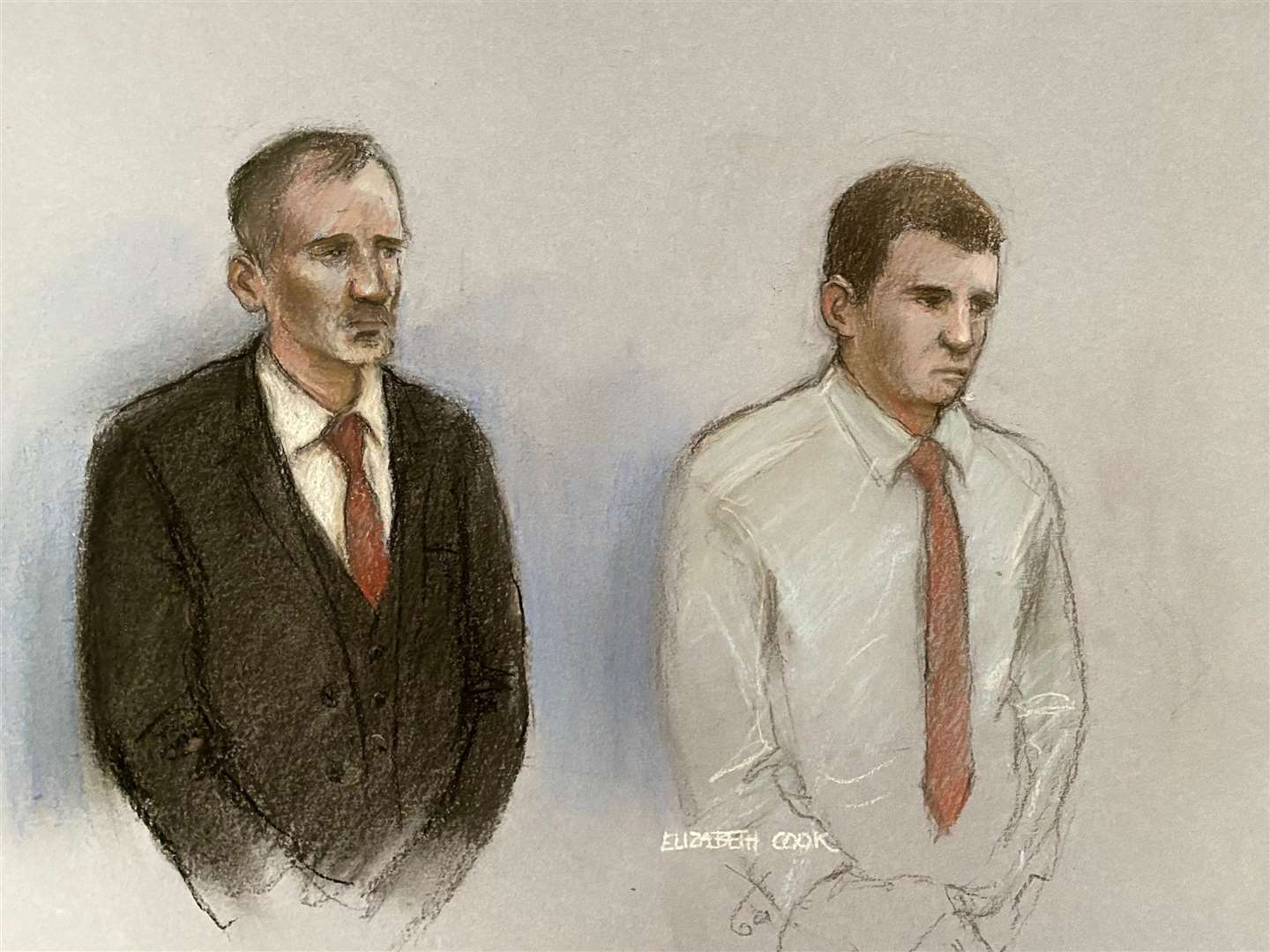 Court artist sketch of Daniel Graham and Adam Carruthers appearing in the dock at an earlier hearing (Elizabeth Cook/PA)