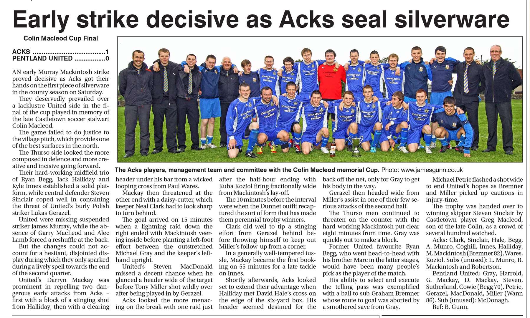 The John O'Groat Journal's report of the 2012 final when Acks defeated Pentland United.