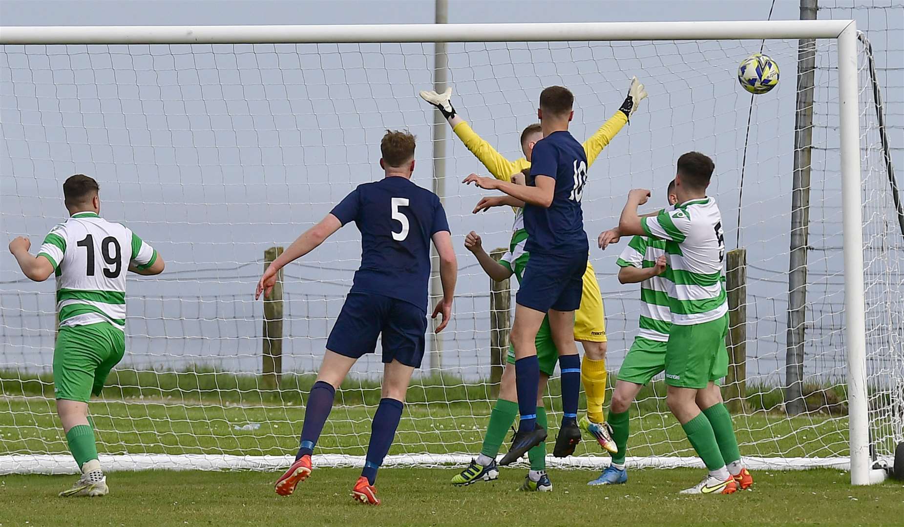 James Mackintosh's header goes into the top corner to secure victory for High Ormlie Hotspur against Helmsdale United at Couper Park. Picture: Mel Roger