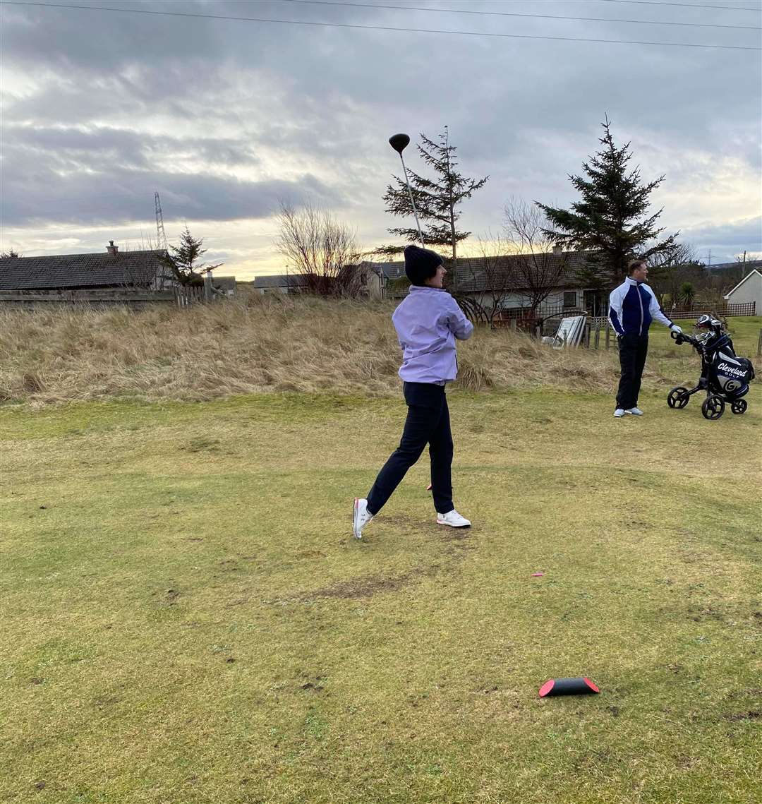 Eilidh Paterson, winner of the ladies' February Medal at Reay, teeing off at the 16th hole. She was inspired by some of the 'come and try' sessions run by the club.