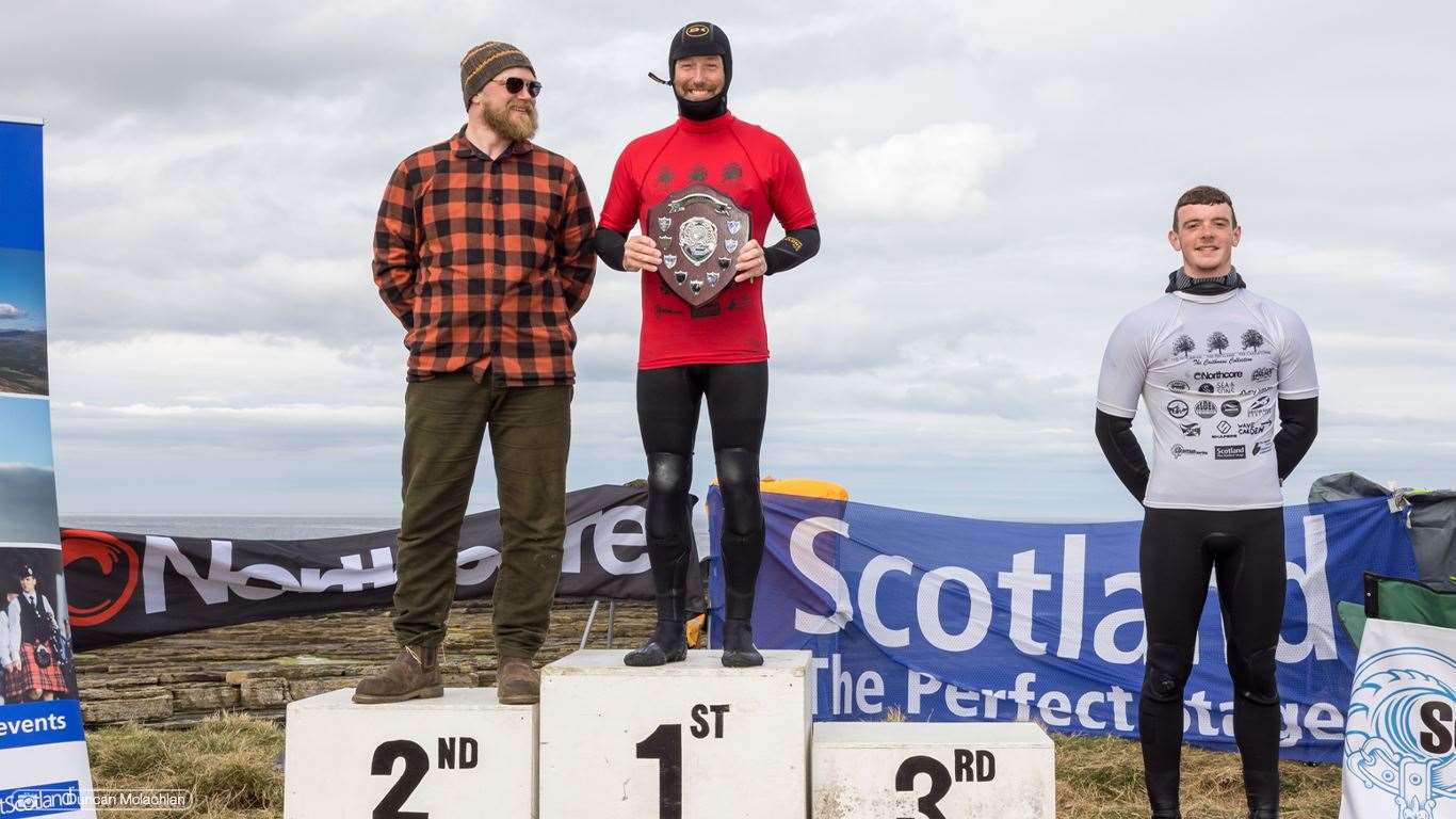 Longboard champion Sam Christopherson (BHSC) with runner-up Chris Clarke (NSSC), and Owen McQueenie (EBSC), who came fourth. Picture: Duncan McLachlan