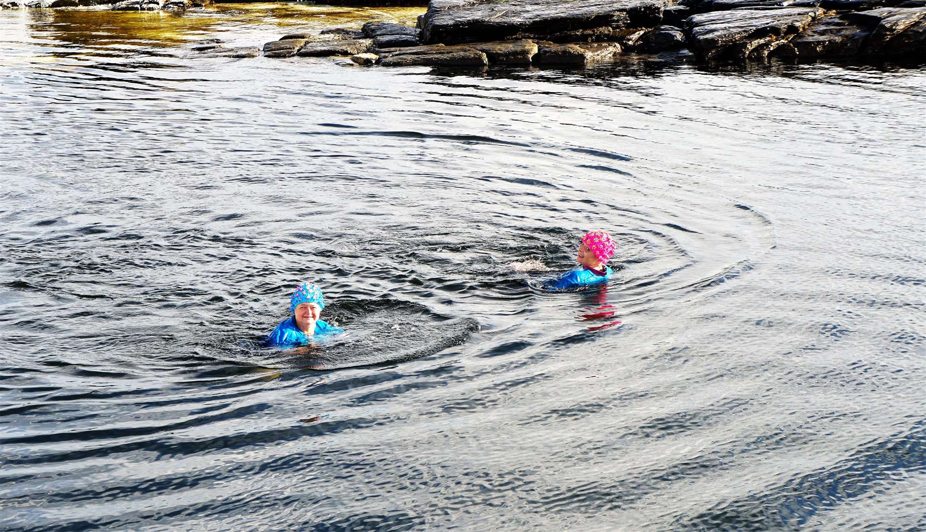 Elaine and Jacqueline on their last swim of the fundraising bid in September at the North Baths in Wick. Picture: DGS