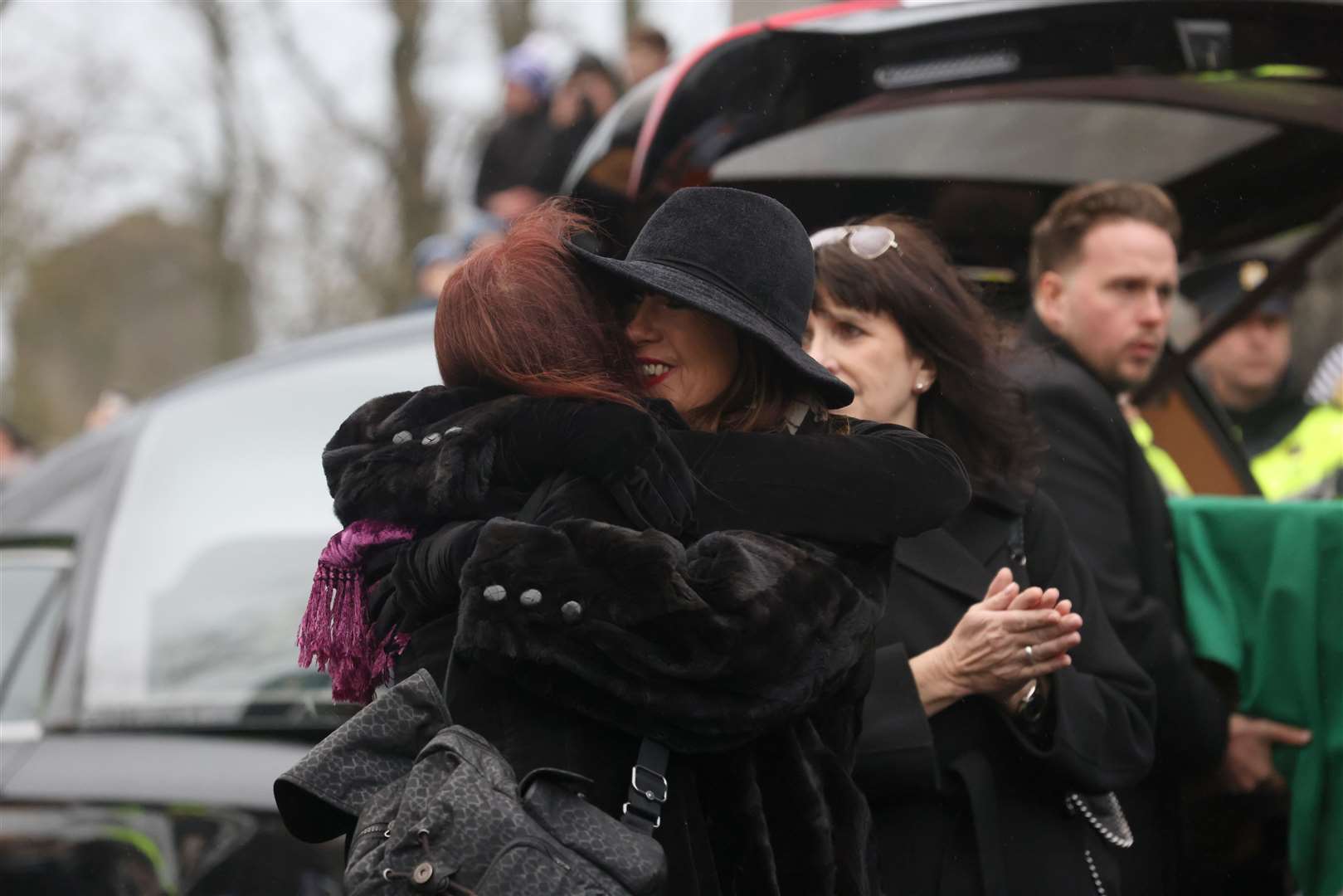 Victoria Mary Clarke (right), wife of Shane MacGowan, arrives for the funeral (Niall Carson/PA)
