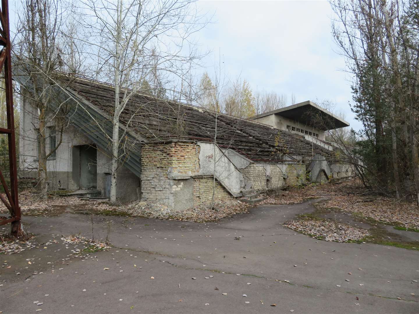 The former football stadium in Pripyat has now been taken over by trees and other vegetation. It was completed a few weeks before the explosion and hosted only one football match during its short existence. Picture: Chris McIvor
