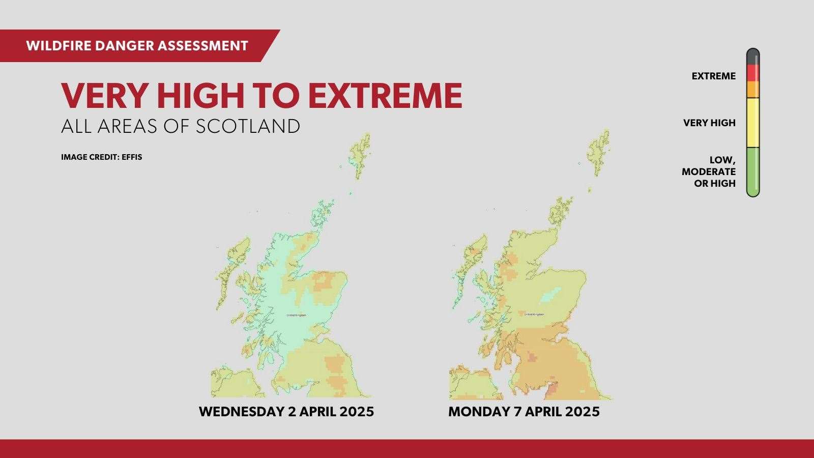 The wildfire risk maps for the coming week. The risk of wildfire, which is already very high in many parts, is expected to increase further heading into the weekend. Picture: Scottish Fire and Rescue Service.