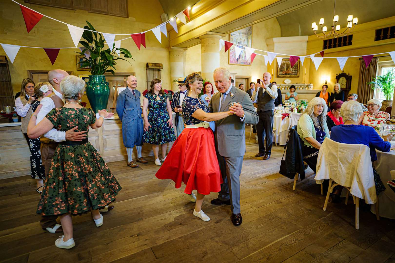 Charles dances with Bridget Tibbs during a Jubilee tea dance hosted by The Prince’s Foundation to mark the Platinum Jubilee (Ben Birchall/PA)