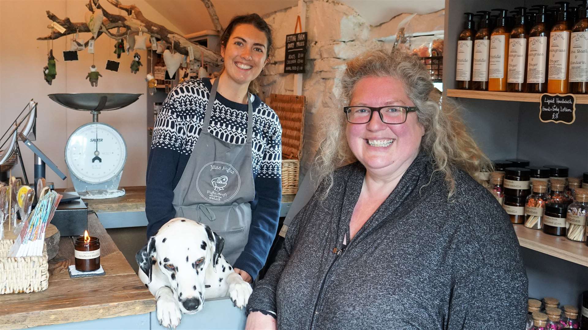 Juliette Dubois on her working holiday from France, left, with Measles the Dalmatian and Cara Young owner of Puffin Croft. Picture: DGS
