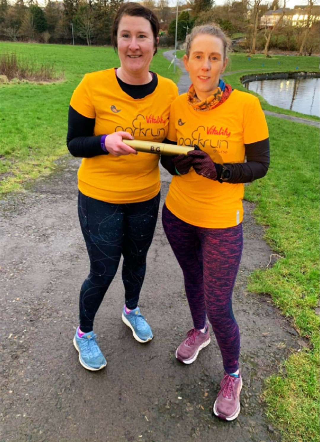 Donna Stewart (left) and Mel Hayes get ready for Thurso parkrun.