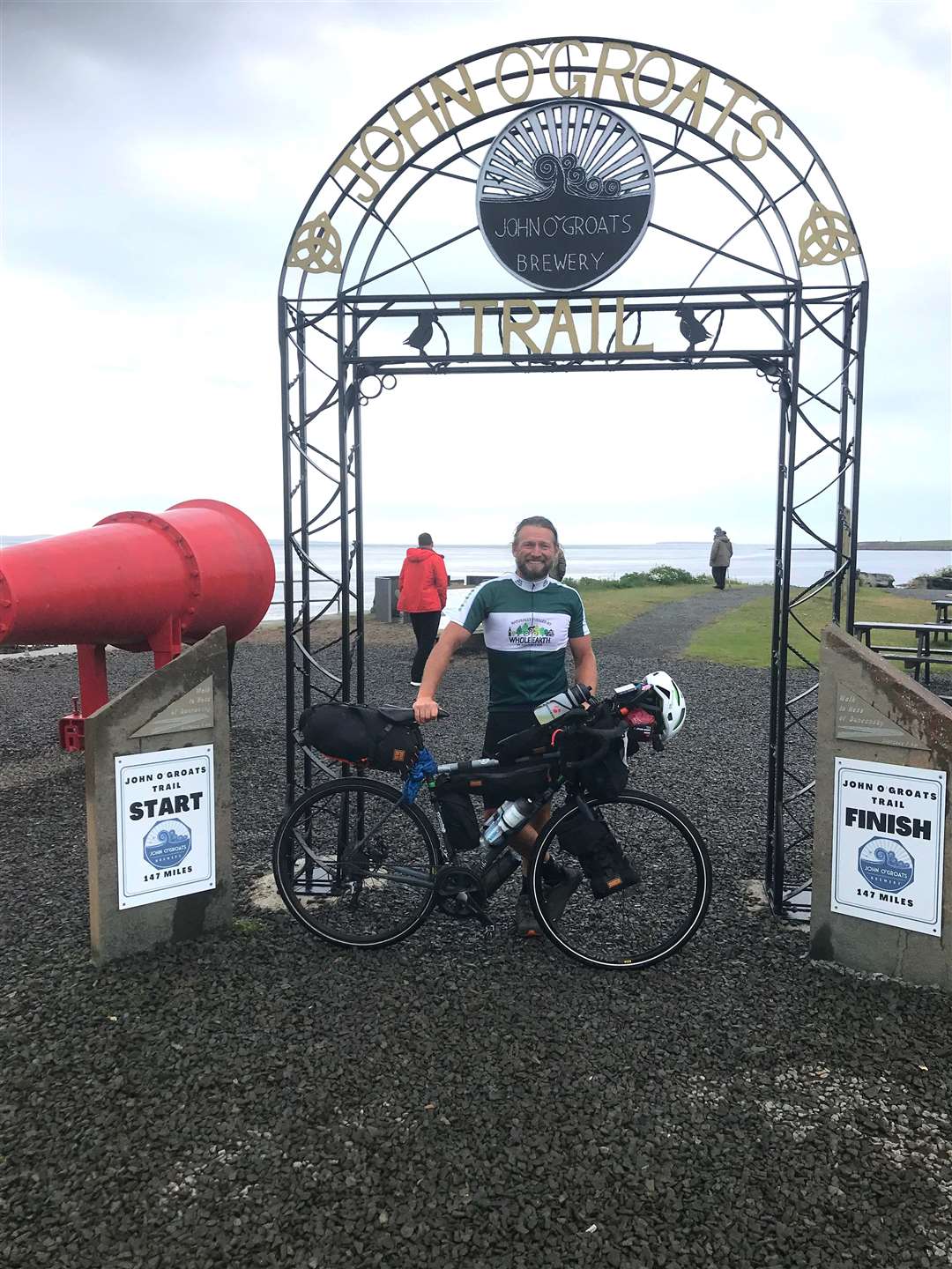 The endurance adventurer at the new gateway arch in John O'Groats.