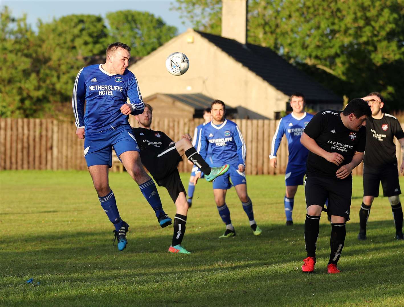 Wick Thistle (in blue) taking on Watten in a Caithness AFA second division match in 2019 – the last time a county league season was played. Picture: James Gunn