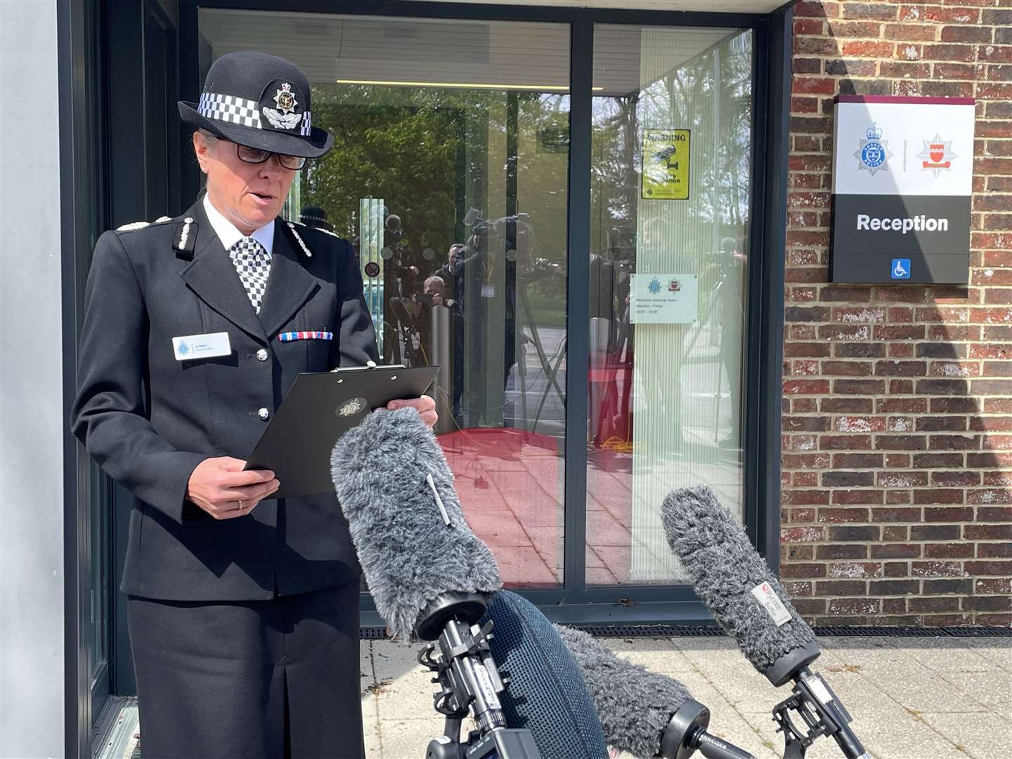 Sussex Police Chief Constable Jo Shiner giving a statement outside the force’s headquarters in Lewes (Anahita Hossein-Pour/PA)