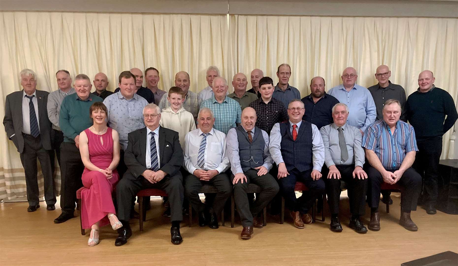Members of Caithness Vintage Tractor and Machinery Club at their 20th anniversary dinner dance in the Norseman Hotel, Wick, at the end of last year, with guest speaker Robbie Streight at the centre (front) along with founder members and current office-bearers.