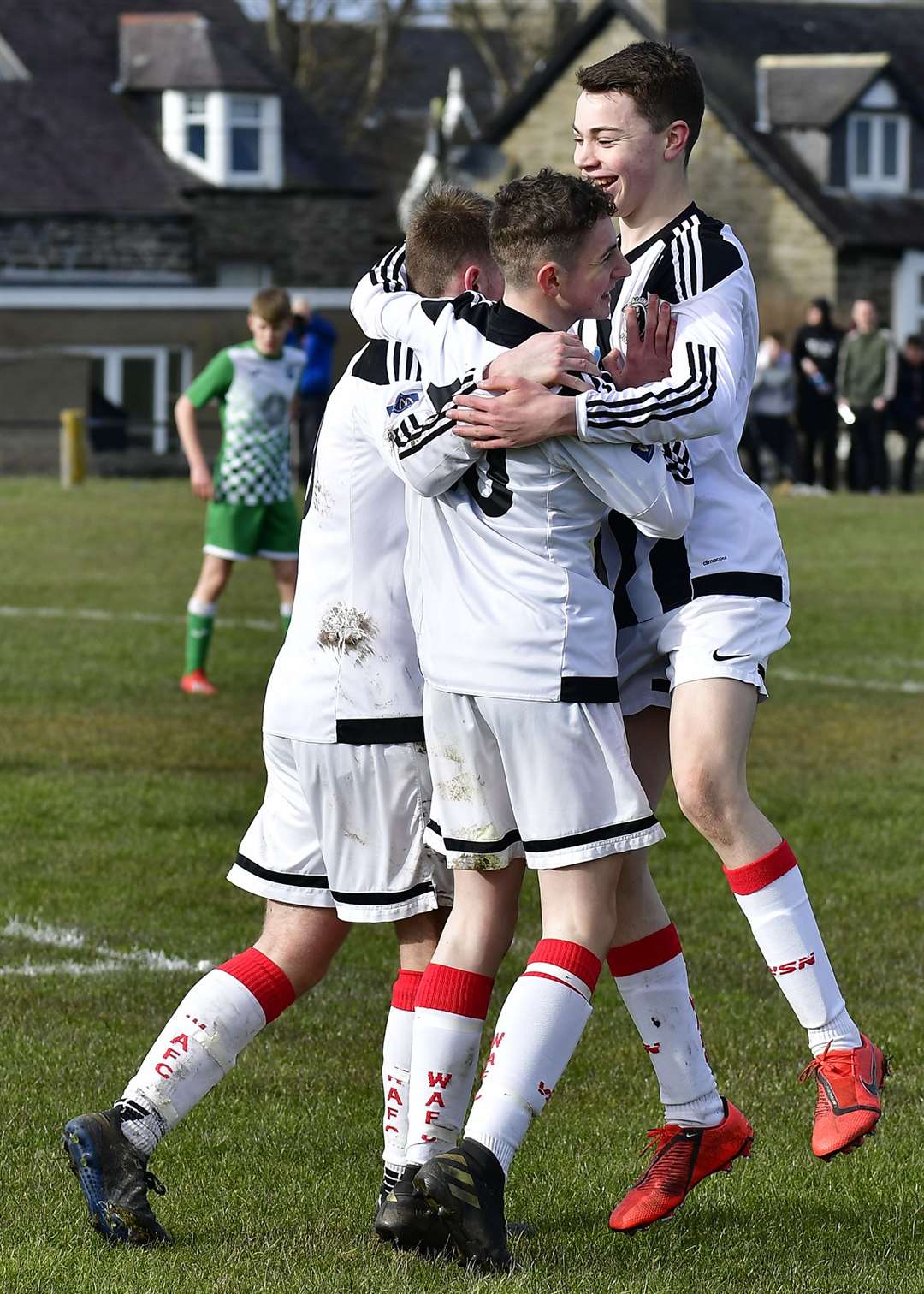 Wick Academy U17 players celebrate Alan Mathieson's winning goal. Picture: Mel Roger