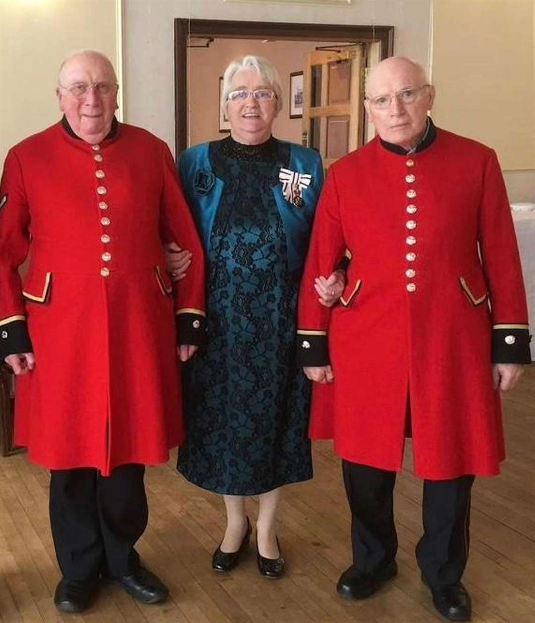 David Lyall (left) and Tom in their Chelsea Pensioner uniforms with Anne Dunnett in Mackays Hotel, Wick, after her final parade as Lord-Lieutenant in June 2017.