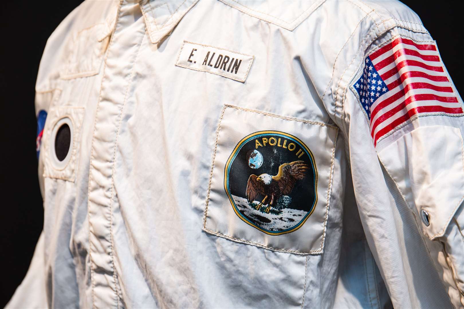 The jacket displays Aldrin’s name tag on the left breast above the Apollo 11 mission emblem, and the American flag on the left shoulder (Sotheby’s/PA)