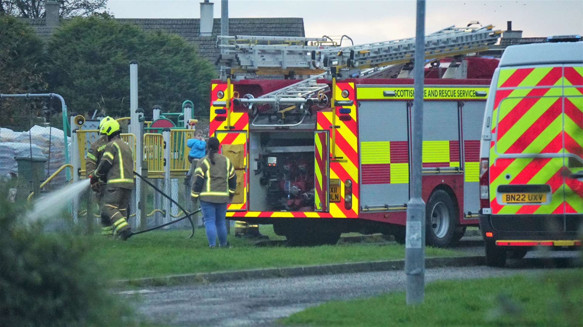 Fire appliances attend an incident in Watten when fire broke out at a small building by the children's playground. There were no casualties. Picture: DGS