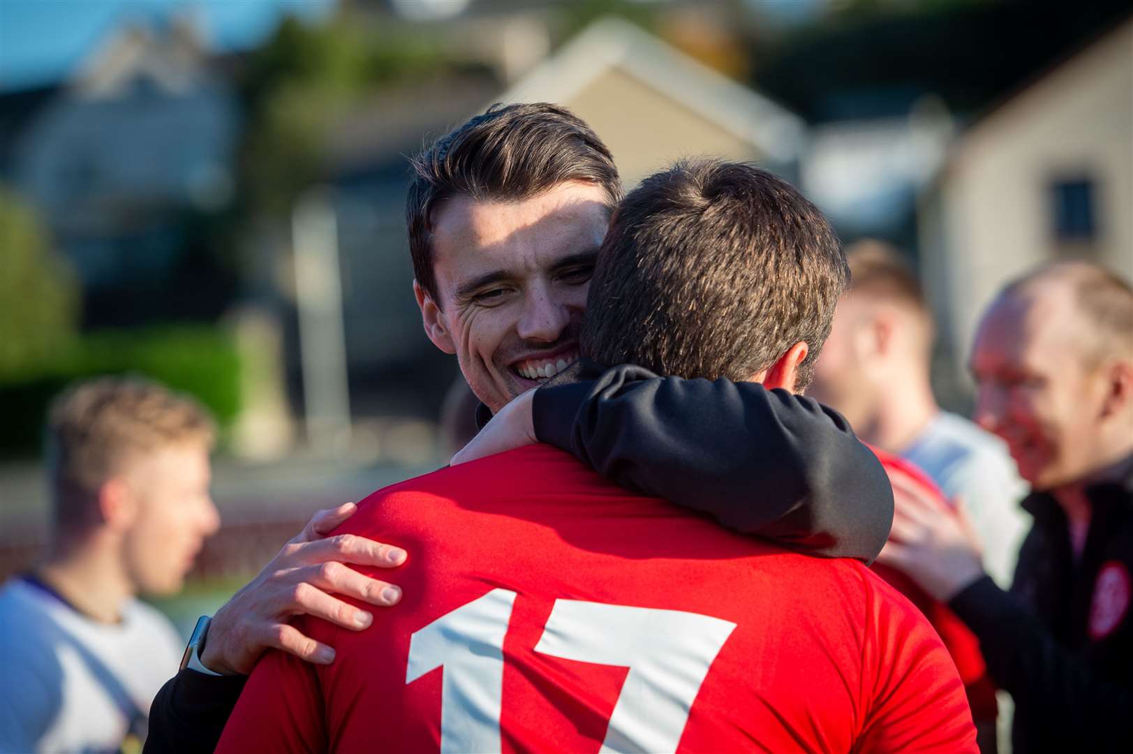 Brora manager Steven Mackay congratulates his players after they had beaten a strong Caley Thistle side to win the North of Scotland Cup. Picture: Callum Mackay
