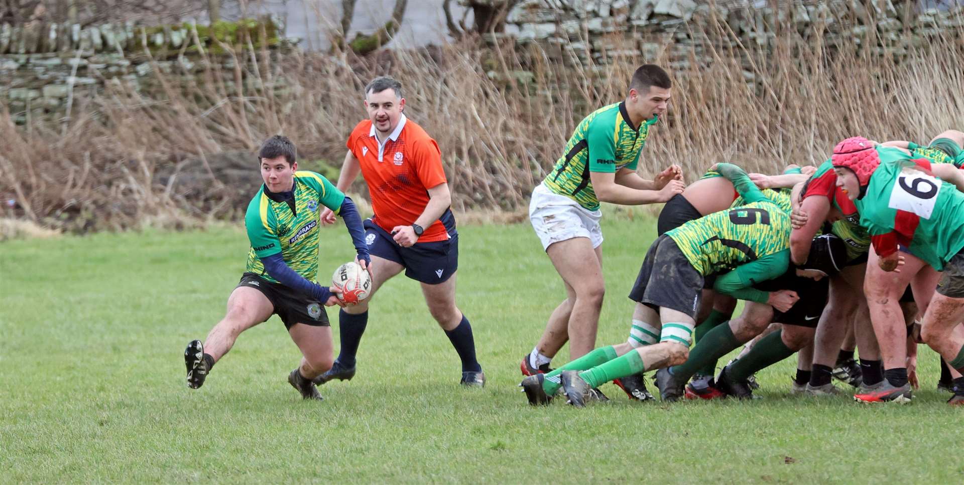 Logan McNeil prepares to offload from a scrum during Caithness U18s' 22-5 defeat to Highland Falcons in their opening group game in the Saltire Energy Caledonia Youth Bowl at the start of this month. Picture: James Gunn