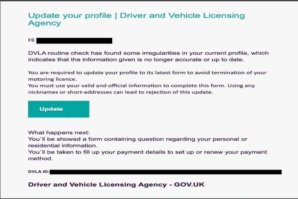 Example of scam email pretending to be from DVLA.