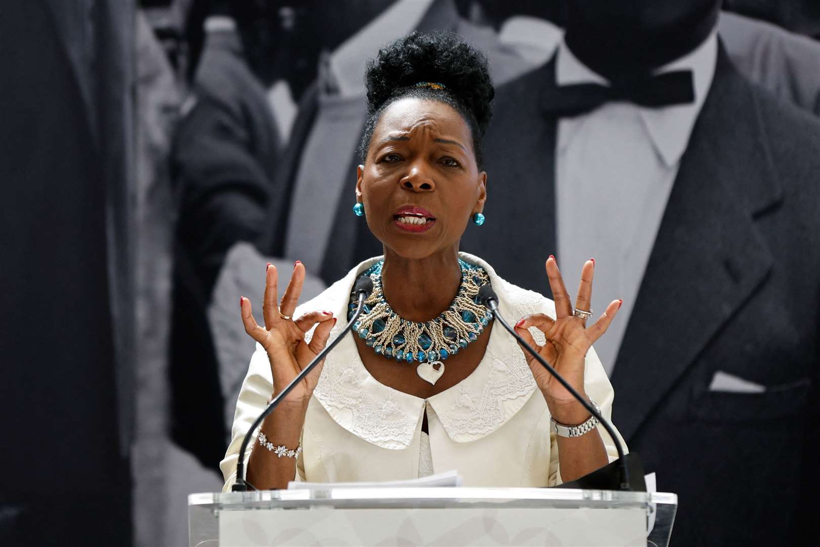 Baroness Floella Benjamin speaking at the unveiling of the National Windrush Monument at Waterloo Station in 2022 (PA)