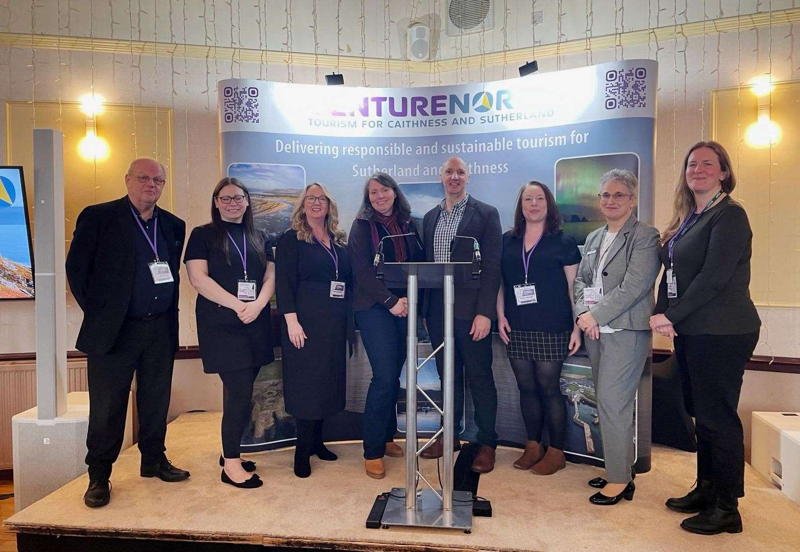 Key speakers at the Venture North tourism gathering in Mackays Hotel, Wick, on Thursday. From left: Ian Leith (John O'Groats Development Trust), Cassie McEwan (VisitScotland), Cathy Earnshaw (Venture North), Fiona Saywell (North West Highlands Geopark), Chris Taylor (VisitScotland), Bryony Robinson (John O'Groats Mill Trust), Trudy Morris (Developing the Young Workforce North Highland and Caithness Chamber of Commerce) and Cara Donald (NatureScot). Picture: Niamh Ross