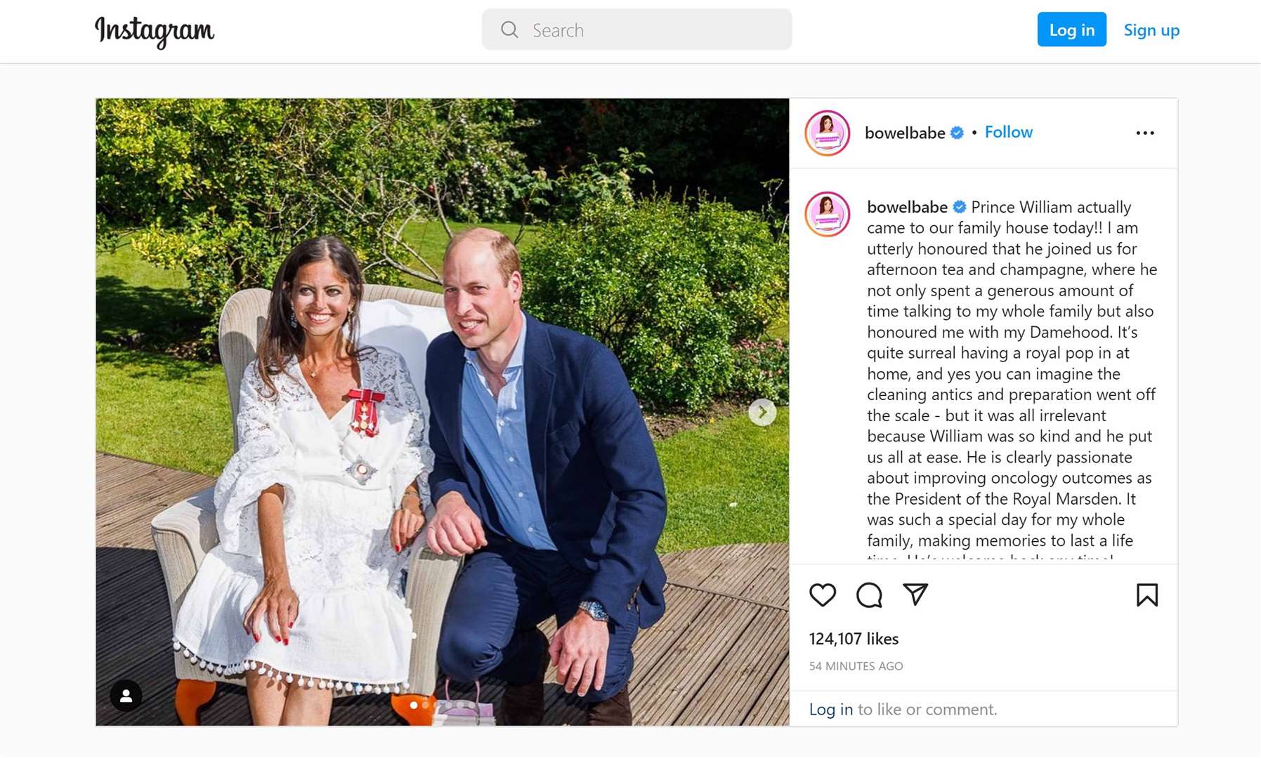 The Duke of Cambridge at the family home of Deborah James in May to honour her with a damehood (Deborah James/bowelbabe/Instagram/PA)