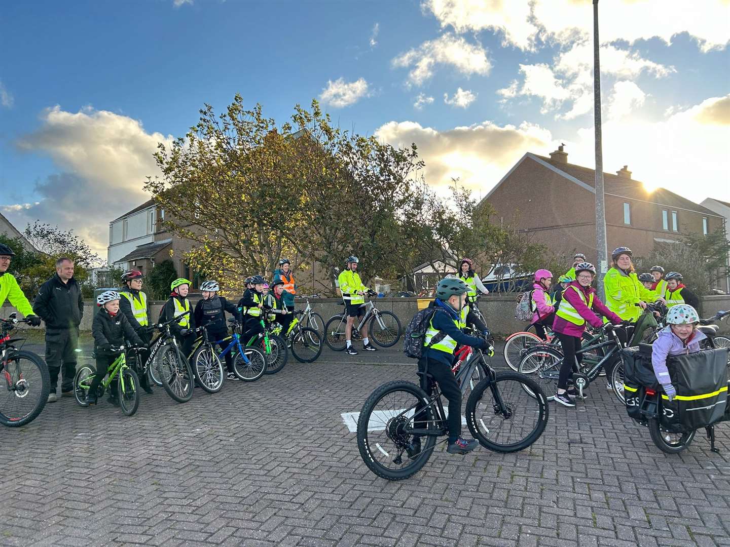 Some of the cyclists preparing to set off on Thursday. A total of 92 took part in the latest morning ride to Noss Primary School.