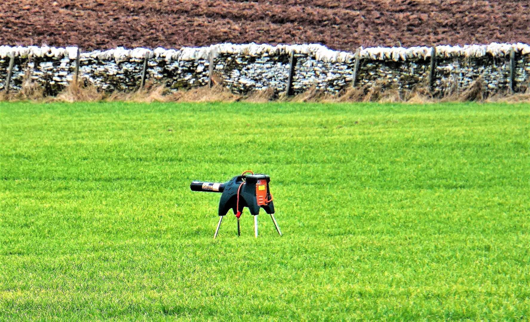 Bird scaring device in a field near Brabsterdorran in Caithness. Farmers adjust the firing times to include an automatic dawn start-up and dusk shut off but would not operate them throughout the night. Picture: DGS