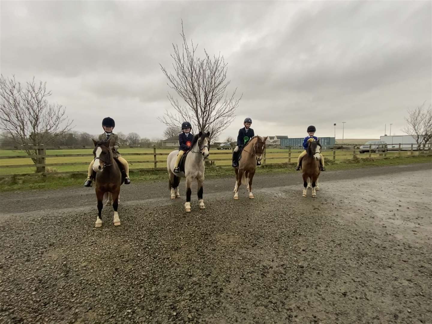 The young riders from the first dressage class of the day – (from left) Erica Pottinger, Cherry, Rachel Macgregor, Dandy, Dylan Sutherland, Tik Tok, and Ella Budge with Fancy.