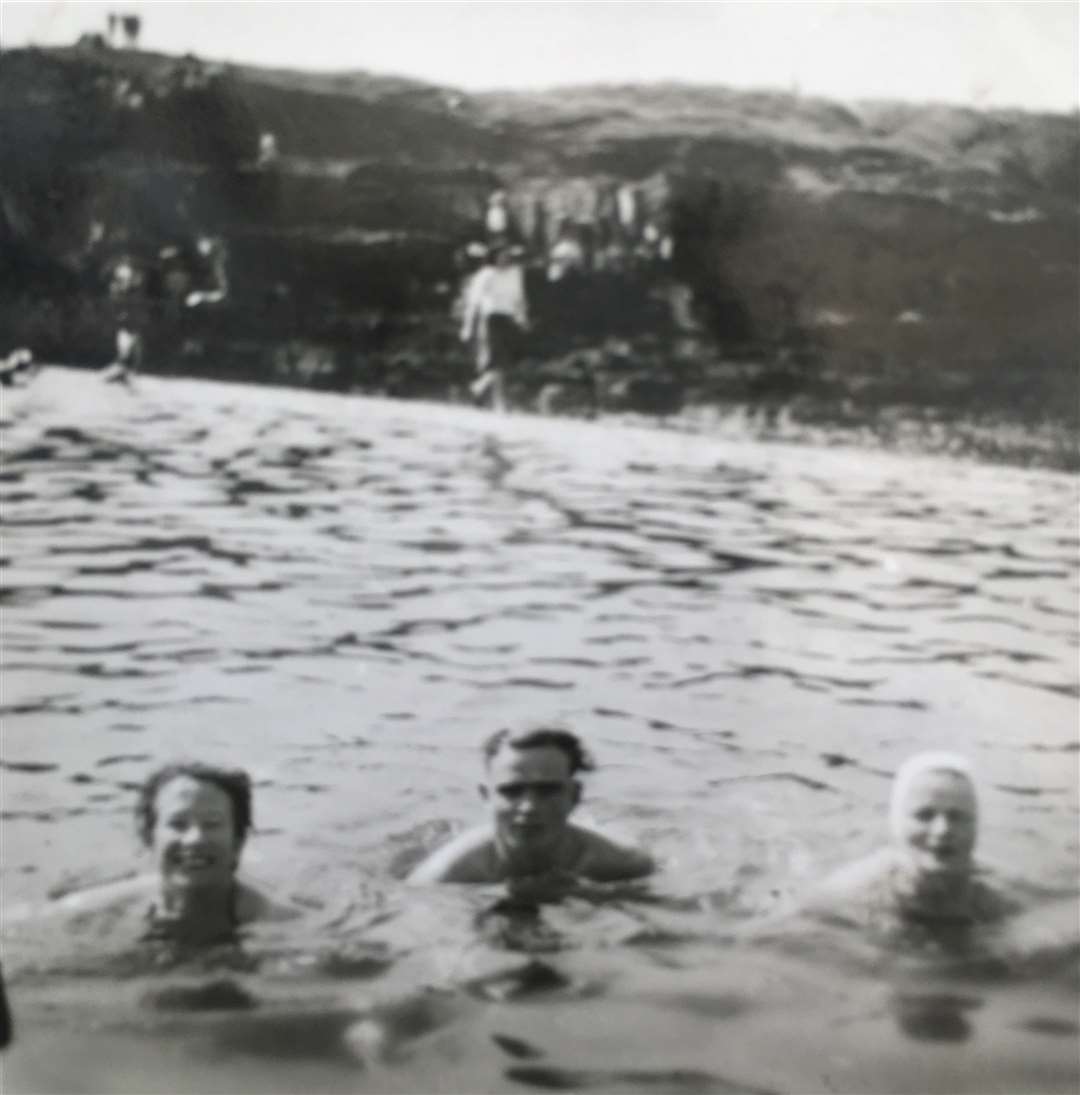 Members of Catherine Patterson's family enjoying a dip at the Trinkie sometime in the late 1940s. One of her aunts is on the left with her dad George Coghill in the middle next to her grandmother.