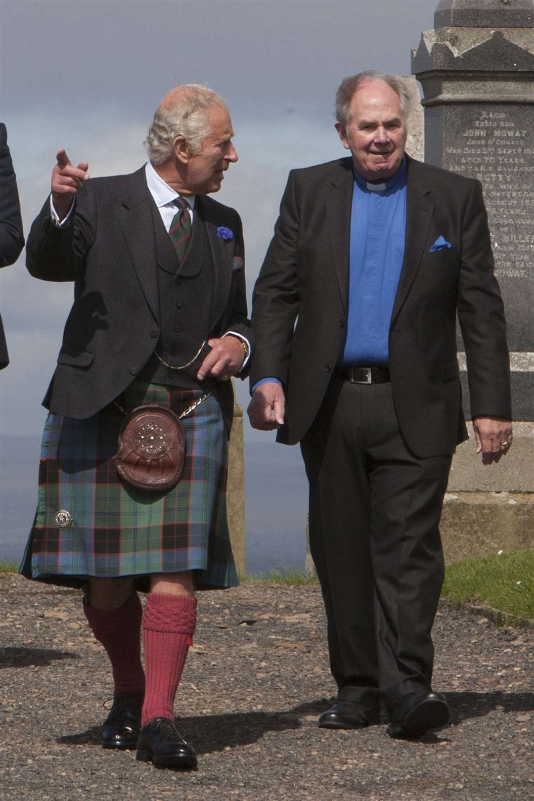 Prince Charles leaves Canisbay Church of Scotland, on Sunday, accompanied by retired minister Rev Lyall Rennie. Picture: Robert MacDonald/Northern Studios