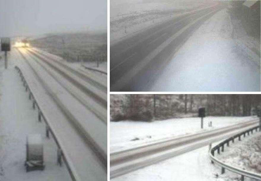 Heavy snow on the A835 at Aultguish (left) and Braemore junction (bottom right), as well as the A9 at Achavanich in Caithness. Pictures: Traffic Scotland.