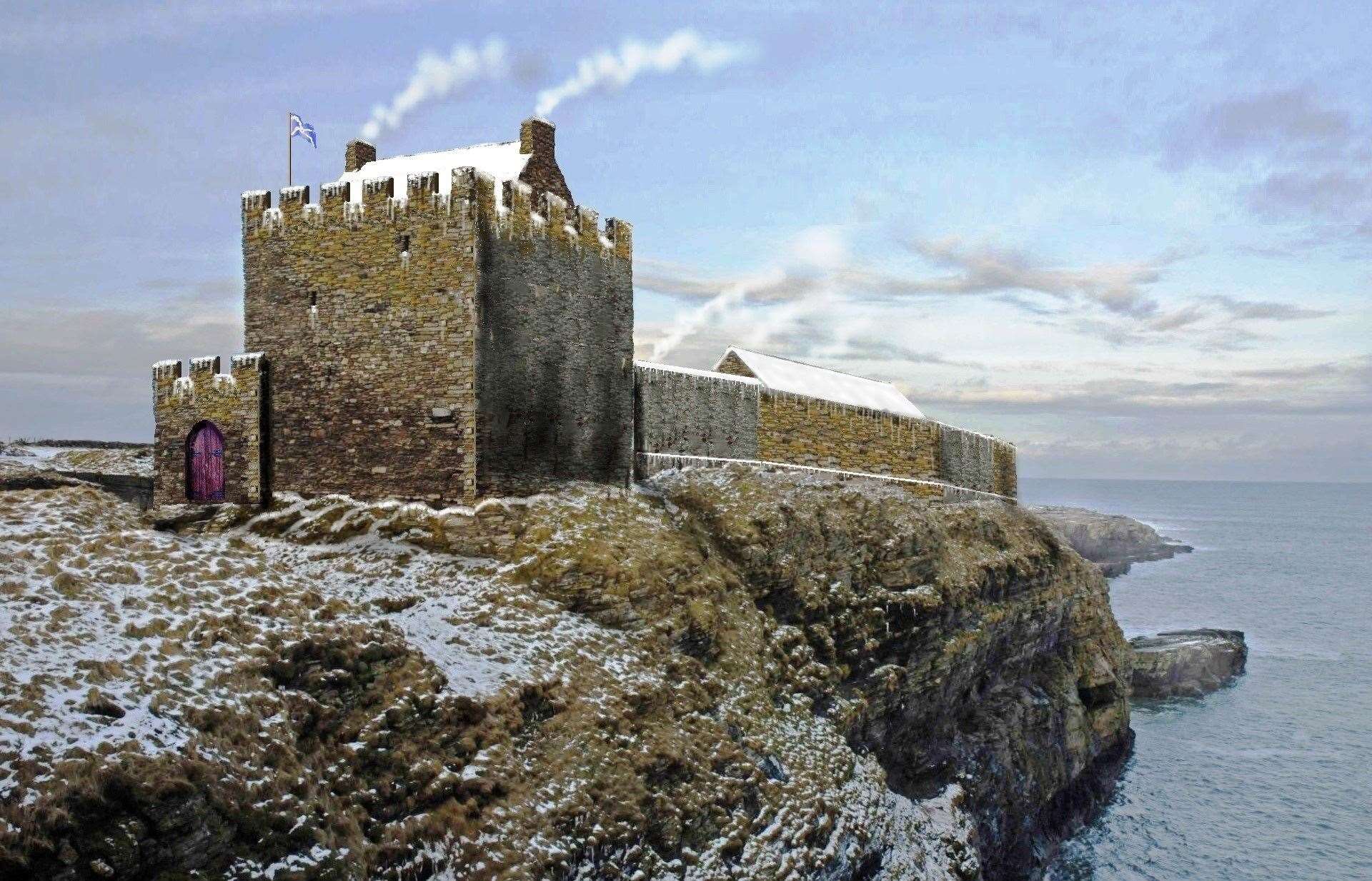 Old Wick Castle as it may have looked in the 1500s from an artwork by Andrew Spratt.