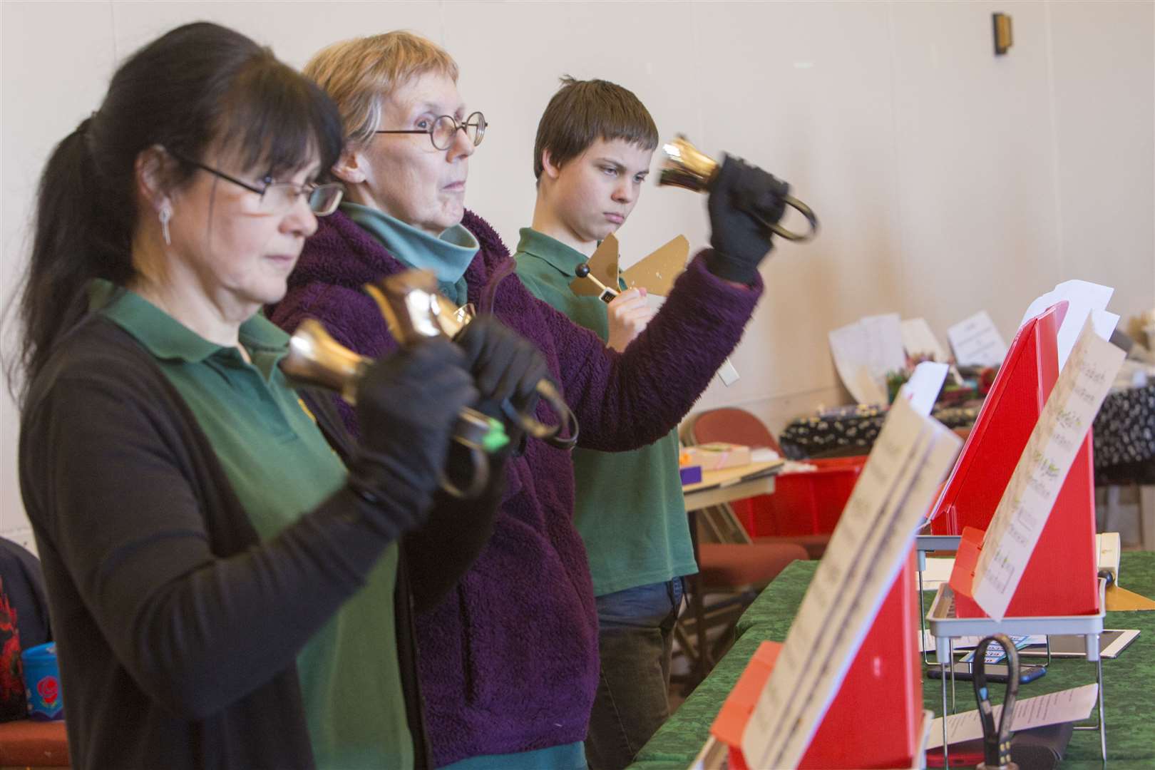 Caithness Handbell Ringers (from left) Susan Ball, Margaret Reid and Martin Matthews during a practice session. Picture: Robert MacDonald / Northern Studios