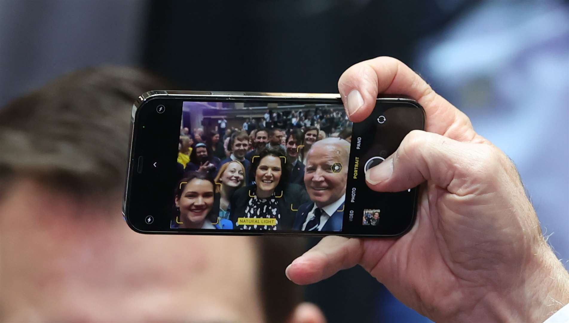 Joe Biden takes a selfie with Claire Hanna of the SDLP (Liam McBurney/PA)