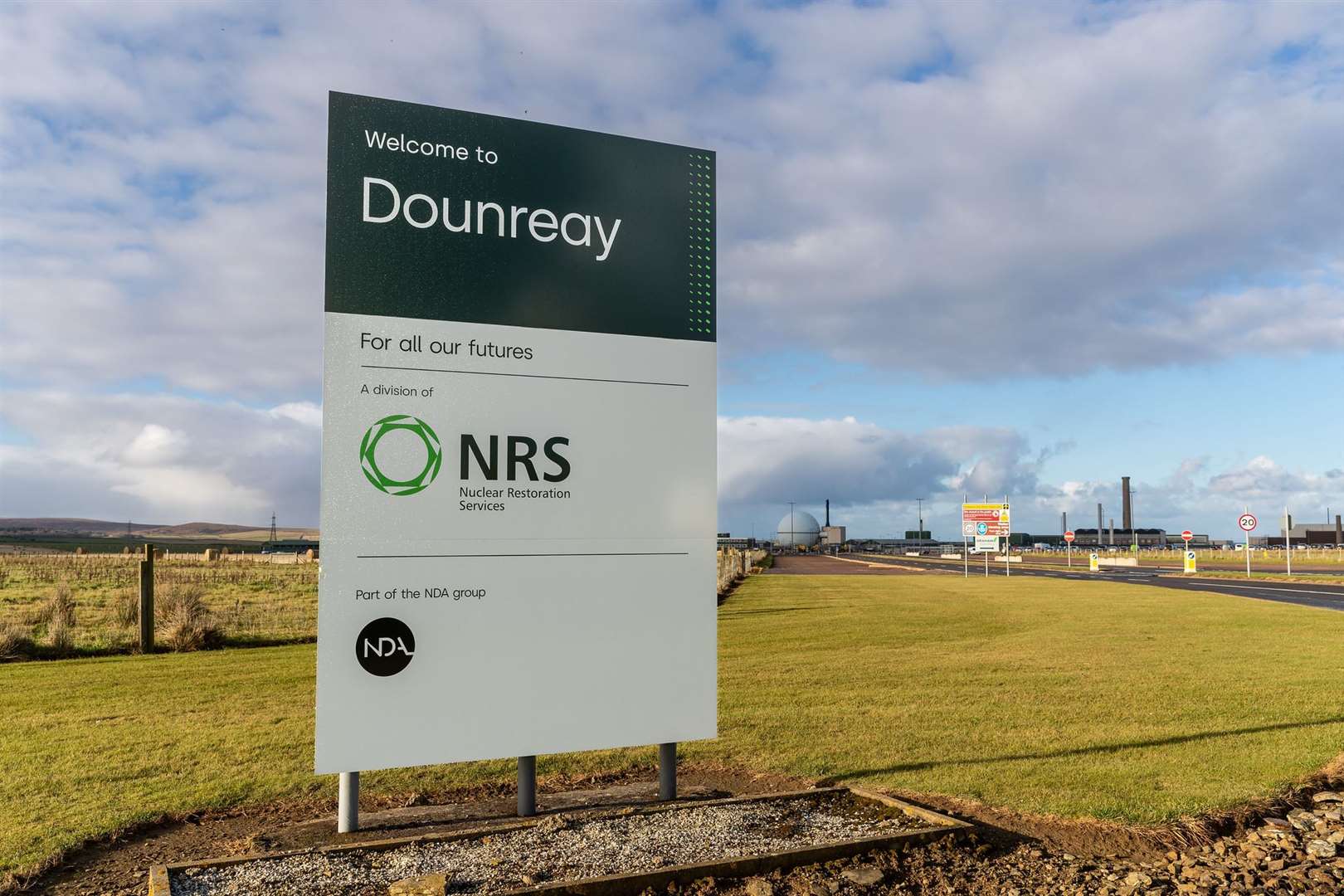 Dounreay's new signpost reflecting the NRS branding.