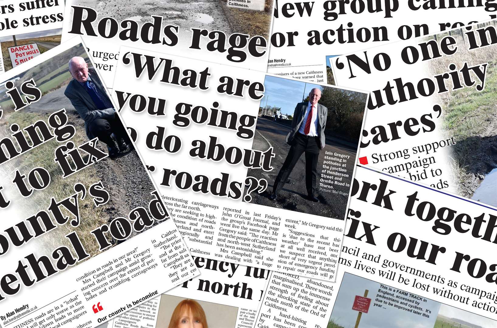 Some of the many local headlines generated by the campaigning efforts of Caithness Roads Recovery over the past three years.