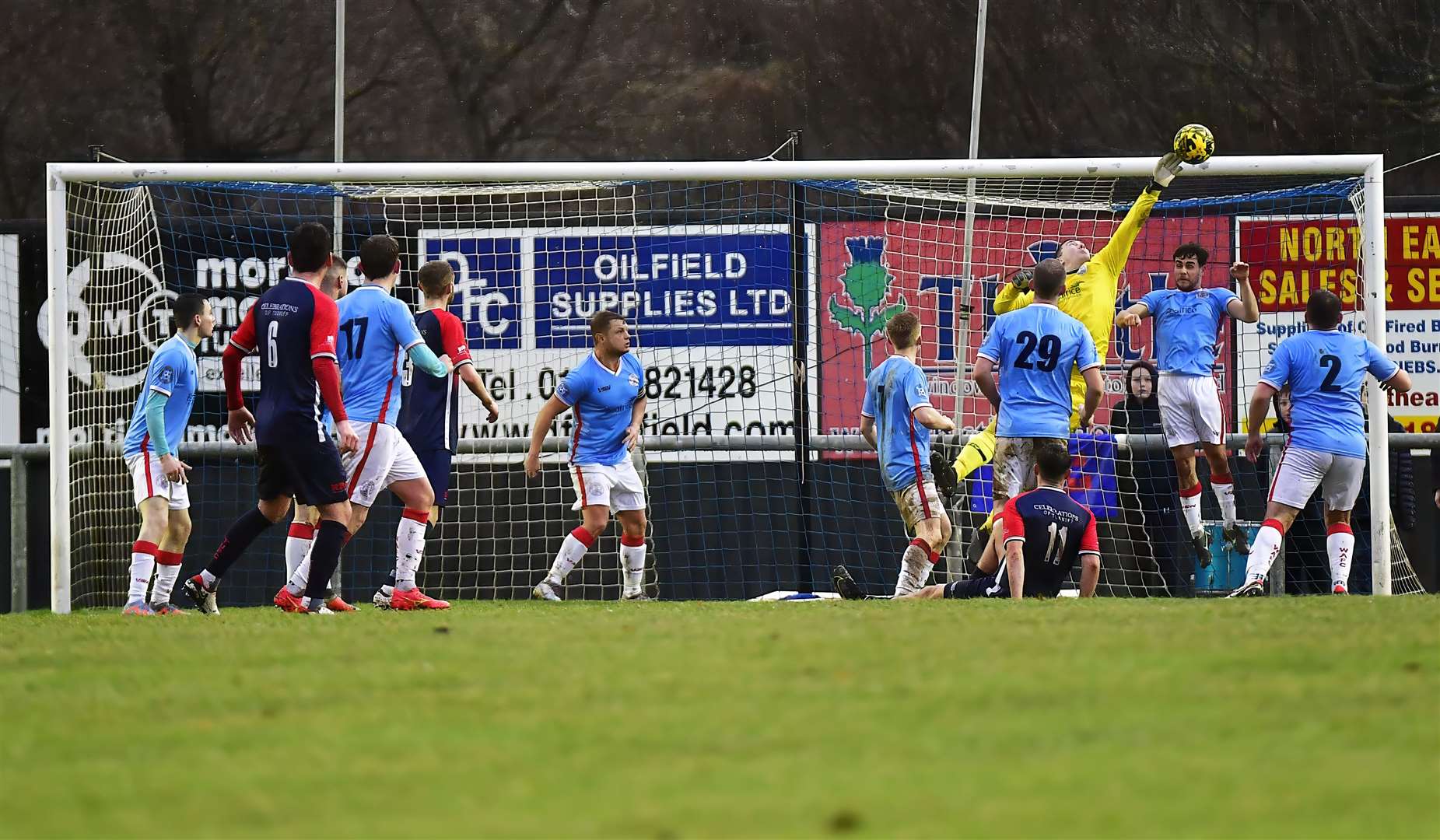 A fingertip save by Wick Academy keeper Graeme Williamson from a header by Turriff United's Murray Cormack at The Haughs last Saturday. Picture: Mel Roger