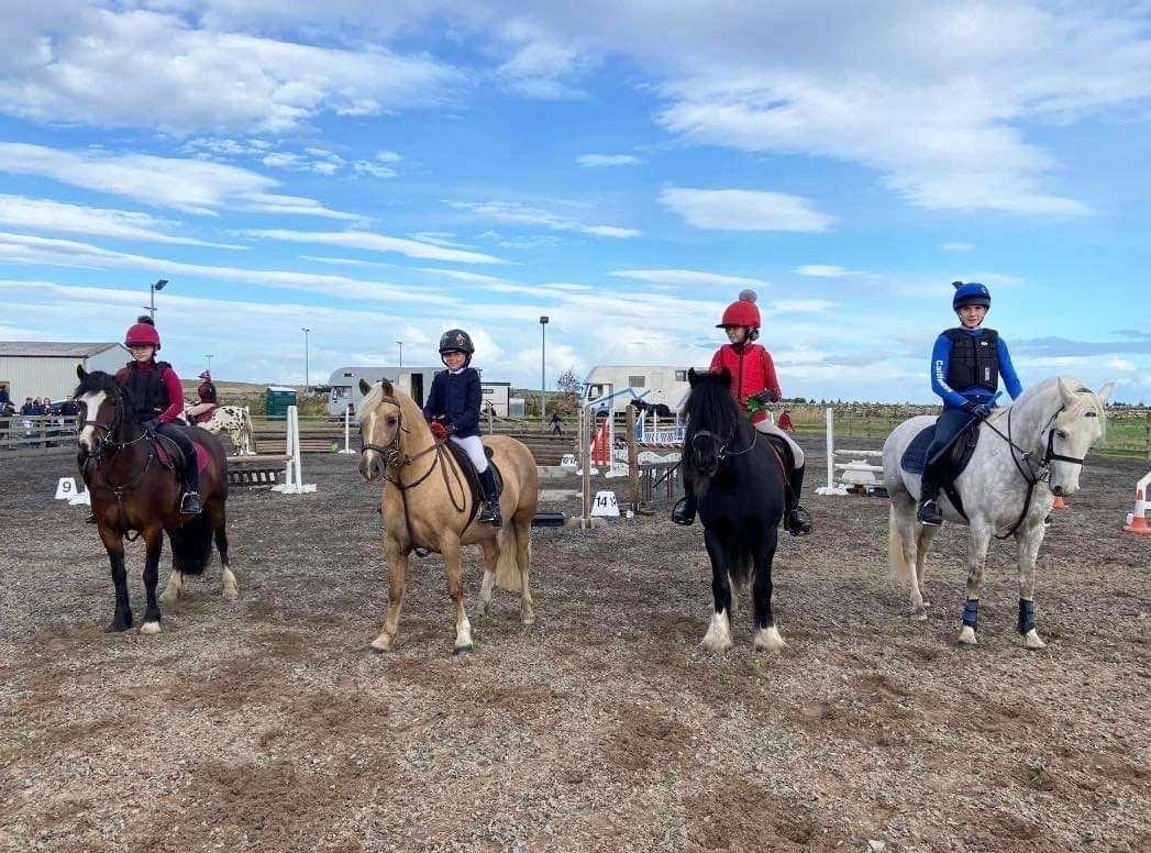 From left: Aimee Holmes, Kloe Smith, Ellie Bain and Liam Mackenzie at the arena event held at the indoor riding centre in Halkirk.