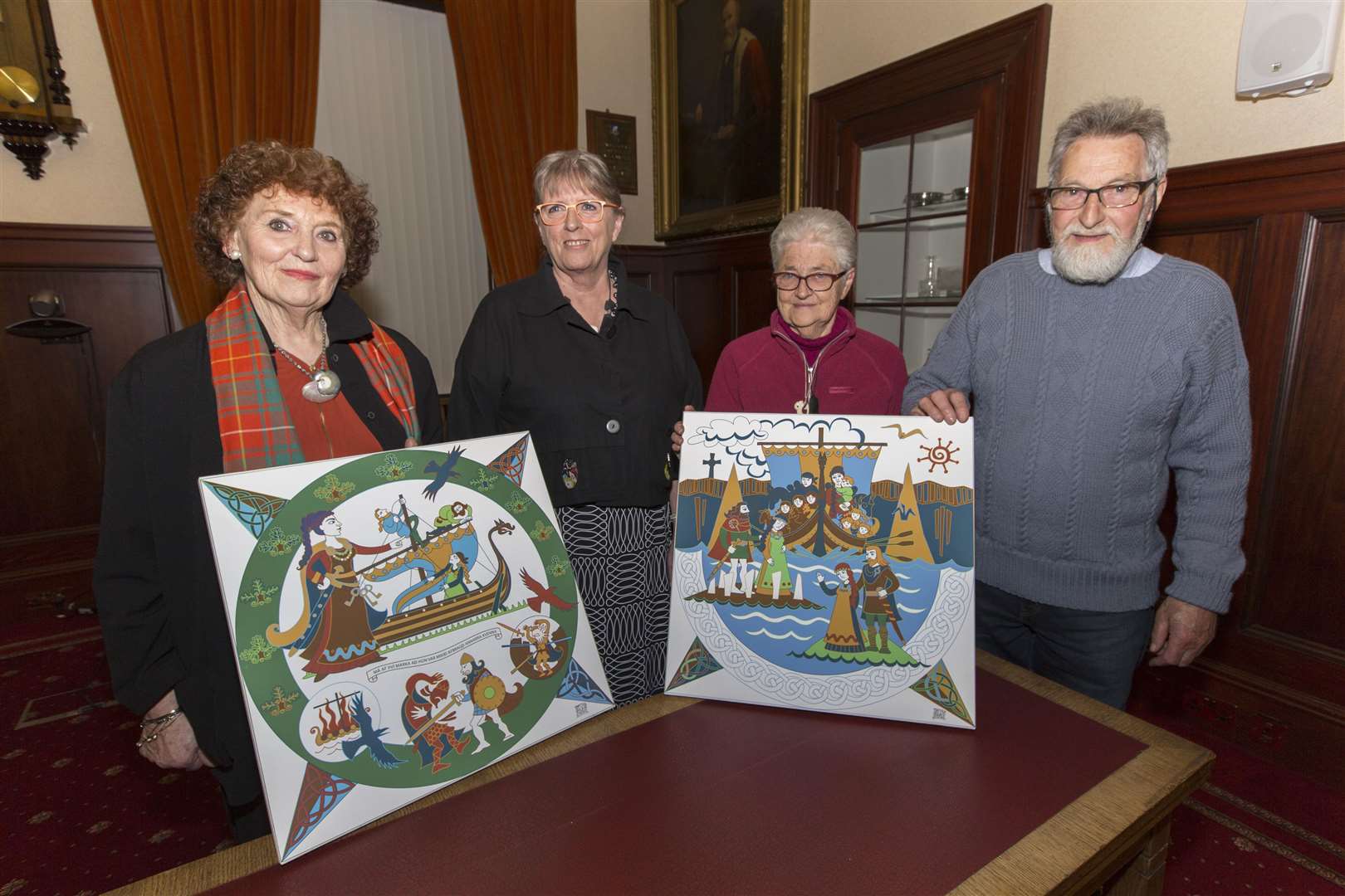 Local historian Jenny Bruce (left) and Bryndis Simonardottir with Nan and George Bethune and two of the canvas prints. Picture: Robert MacDonald / Northern Studios