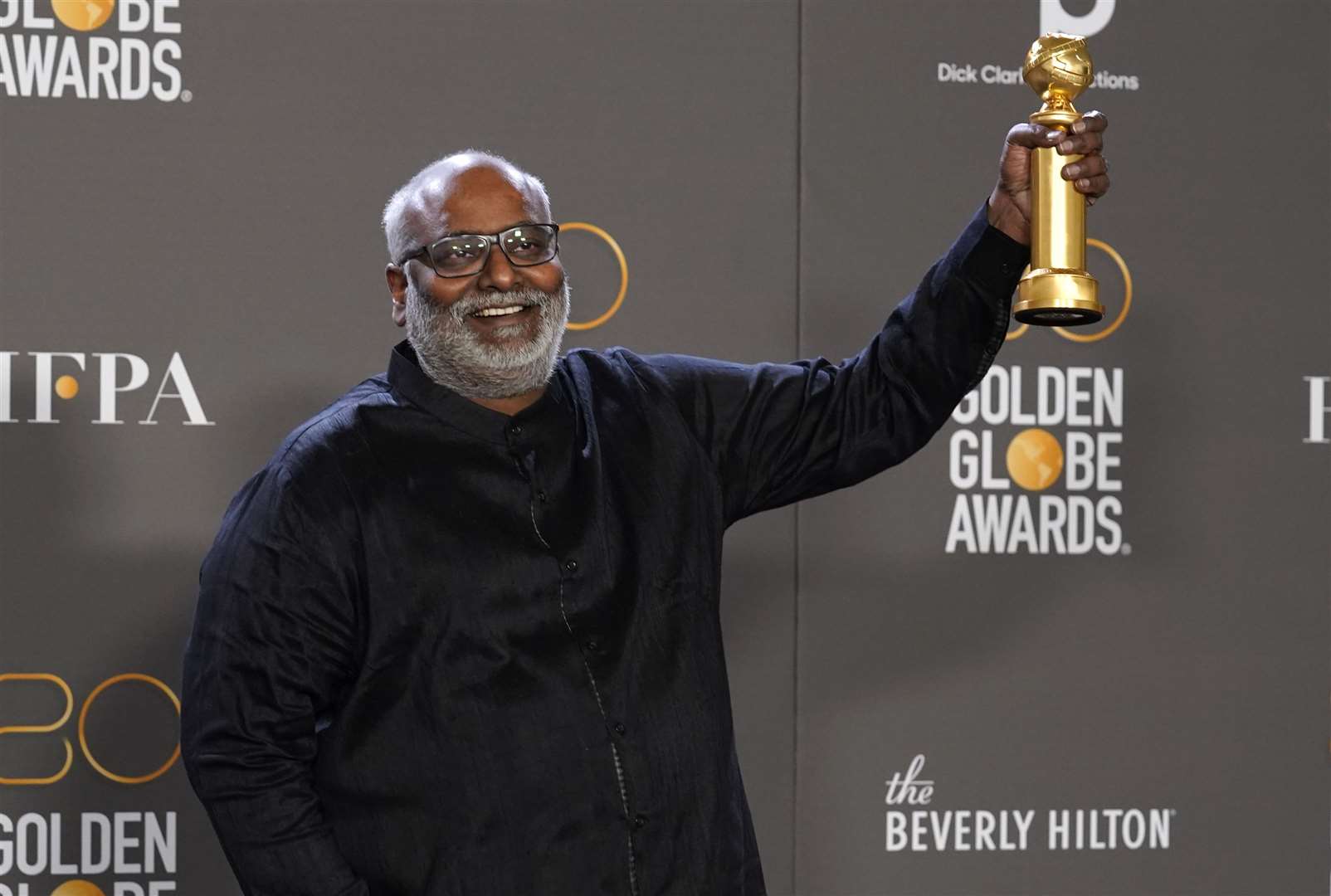 MM Keeravani with the award for best original song, motion picture for Naatu Naatu from RRR (Photo by Chris Pizzello/Invision/AP/PA)