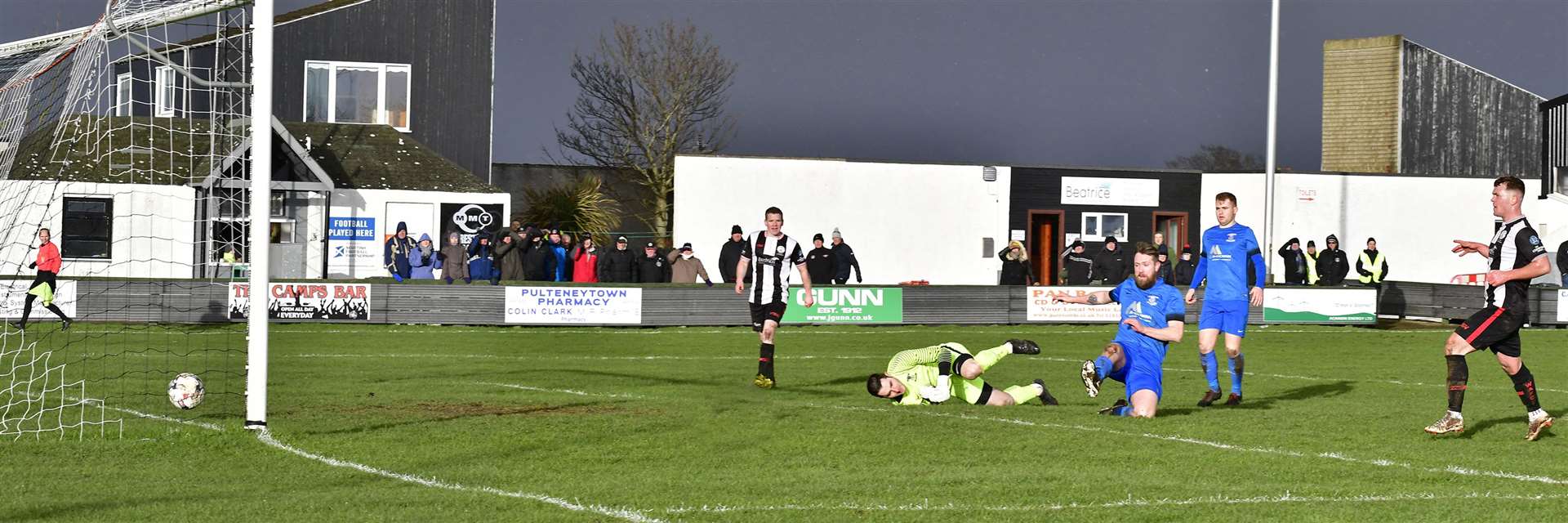 Gordon MacNab scores the decisive goal for Wick Academy the last time they met Strathspey Thistle – a 2-1 win at Harmsworth Park in March 2019. Picture: Mel Roger