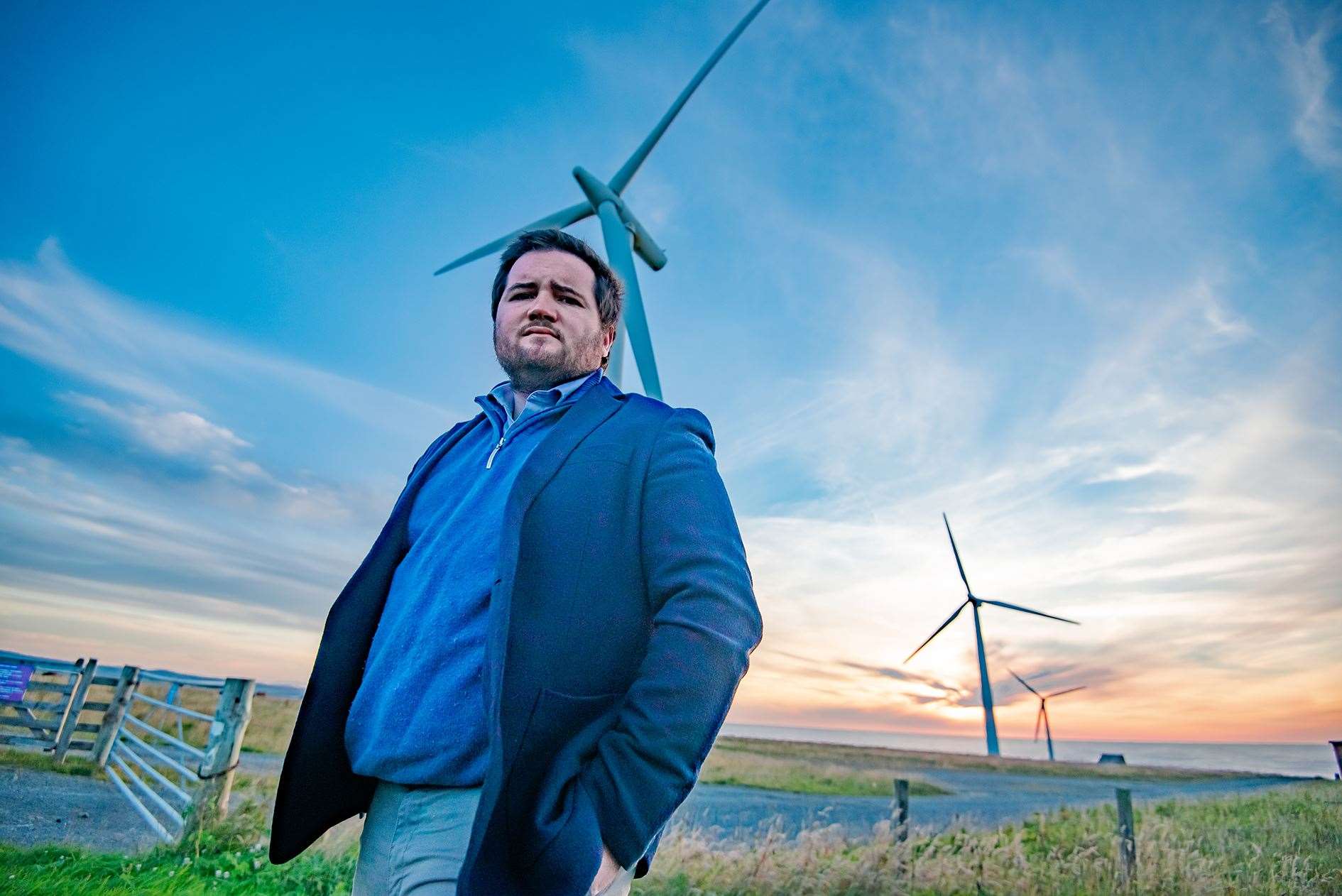 Conservative candidate Struan Mackie at Forss Wind Farm.